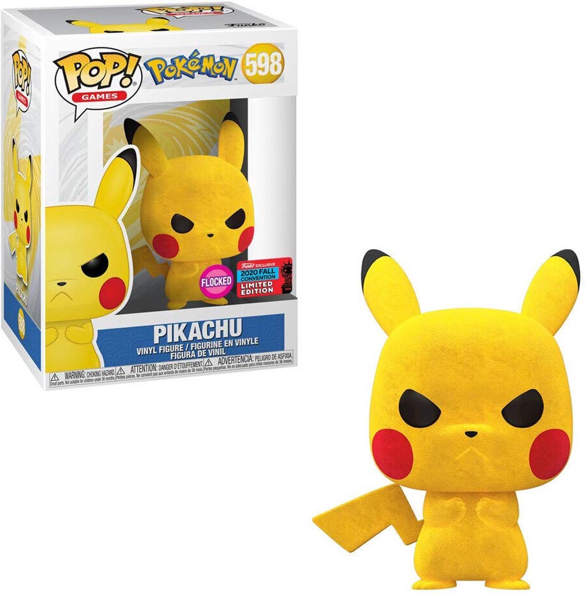 Funko Pop! Games: Pokemon - Grumpy Pikachu #598 Flocked 2020 Fall Convention Exclusive