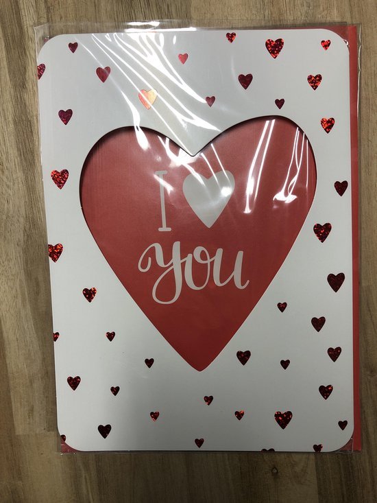 XXL Valentijnsverjaardags wenskaart - Rood met hartjes - I love you - 21x27cm